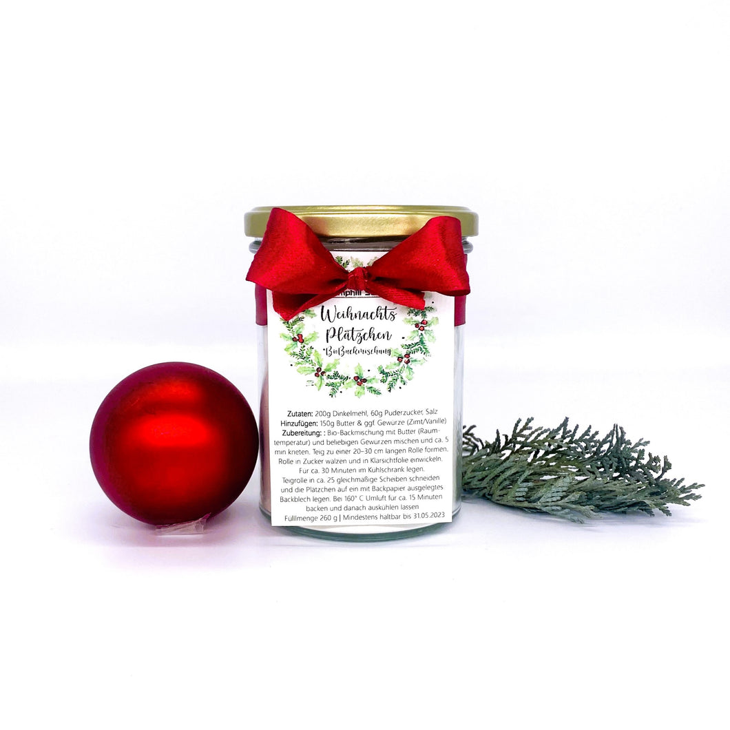 Unsere Weihnachtsplätzchen Backmischung ist Bio zertifiziert. Hier die Backmischung im Glas. Hiermit können ca. 25 Plätzchen hergestellt werden.